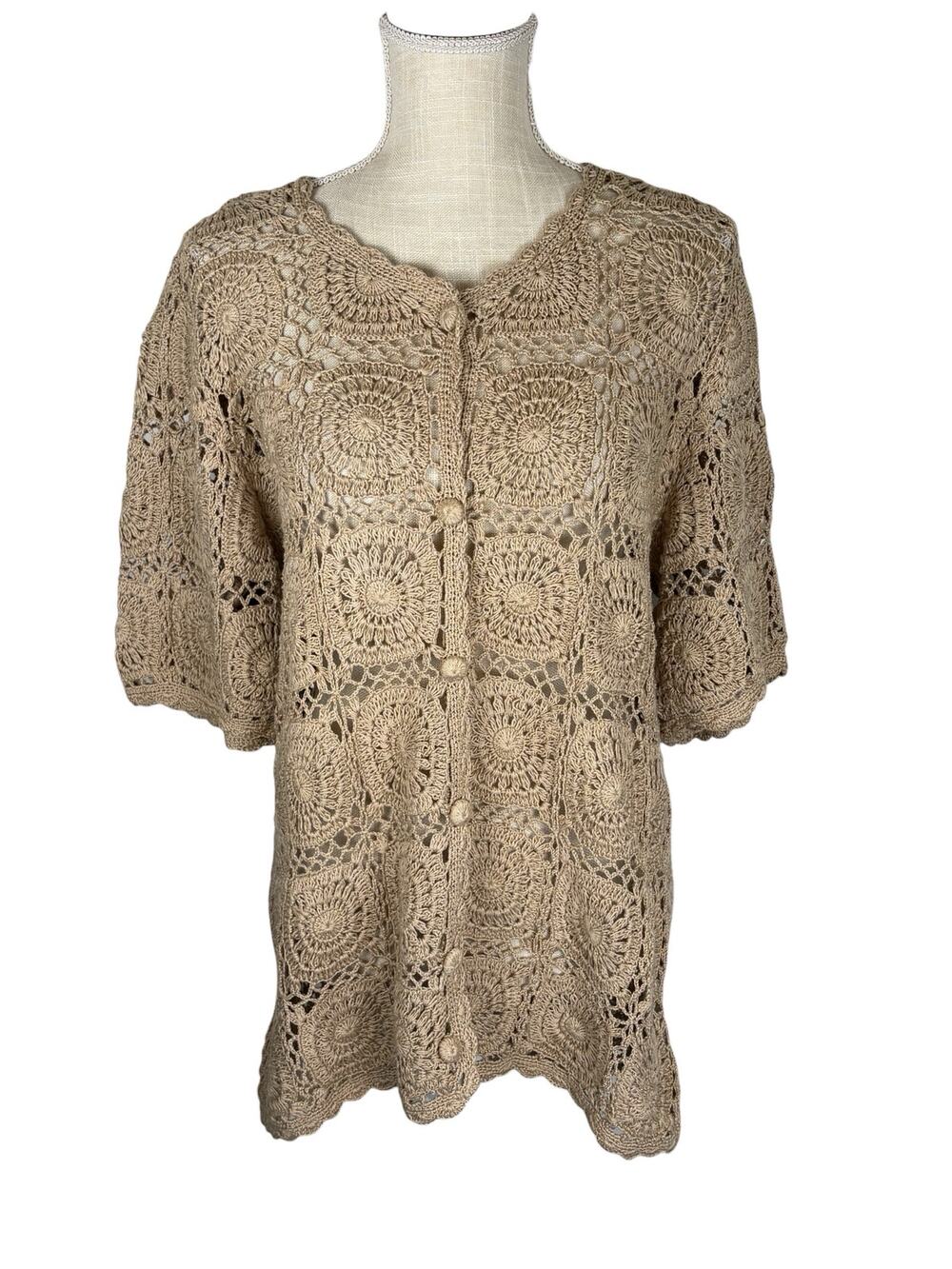 Vintage International Apparel Mart Crochet Short Sleeve Cardigan Women's 1X Tan
